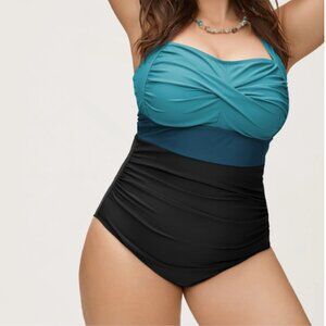 Bloom Chic - Twist Front Tummy-Control One Piece Swimsuit - Cyan - size 18-20/2X